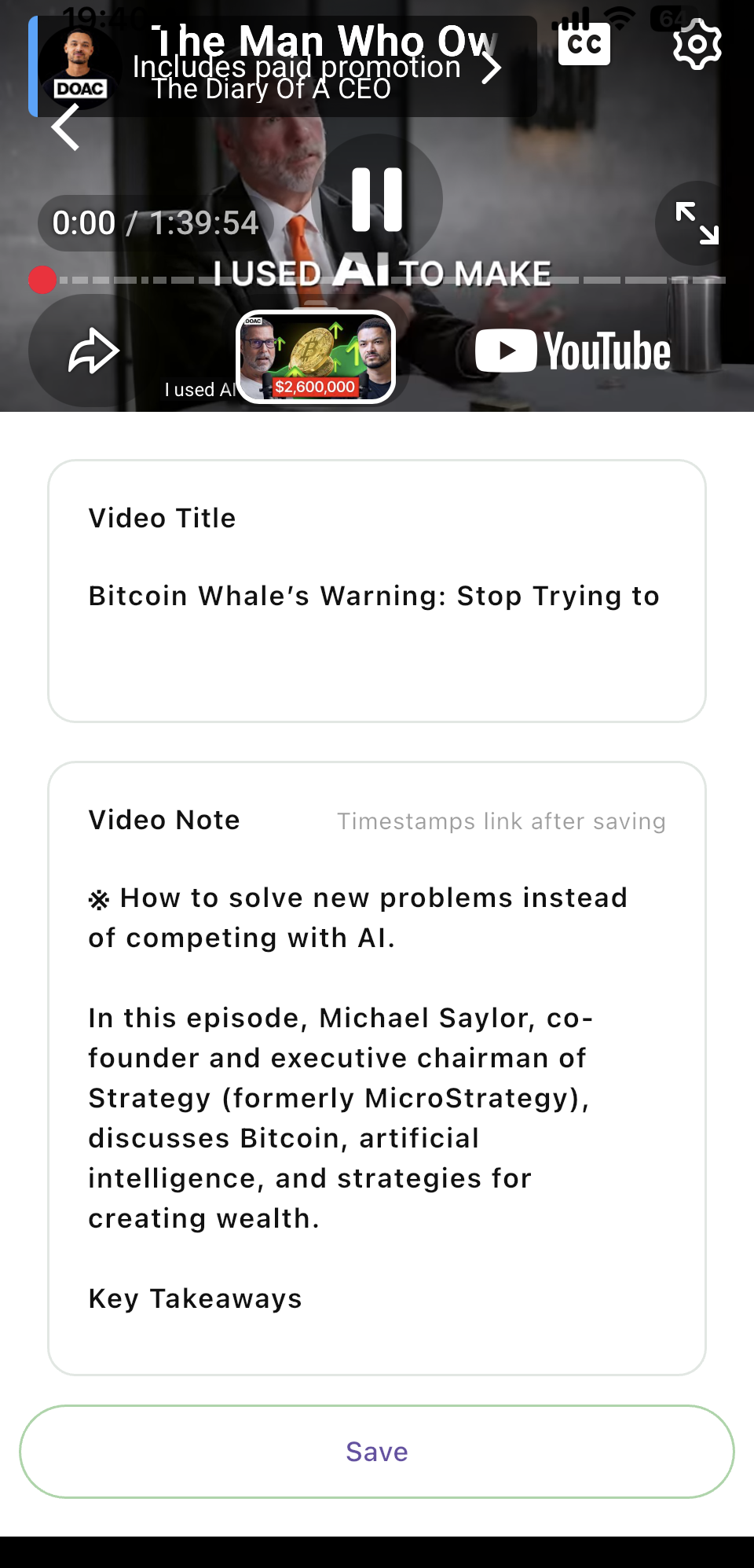 The PickTube app screen for watching a video and writing notes